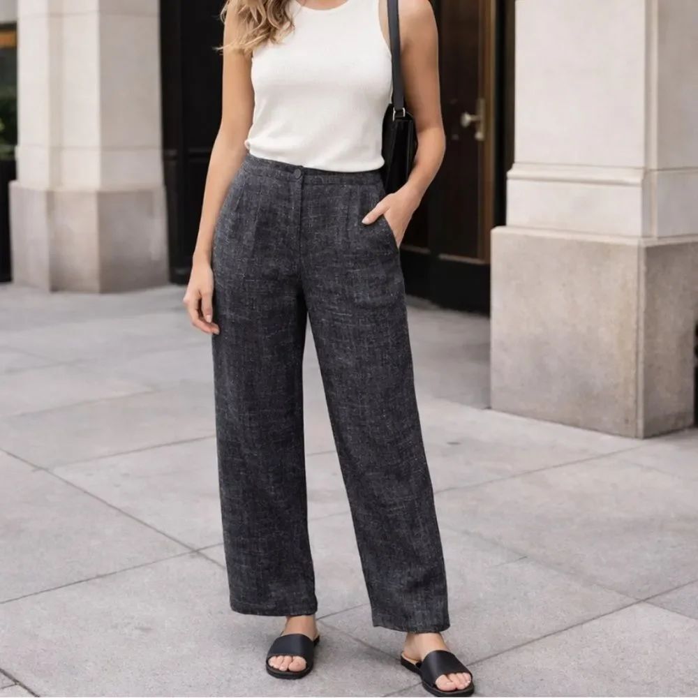 Eileen Fisher Petite Linen Blend Classic Textured Gray Trousers